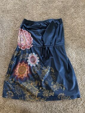 Navy Strapless Dress with Red & Gold Mandala Print